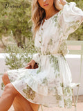 White Floral Print Ruffle Chiffon Dress Women's Round Neck Button A-line Elegant Casual Dress Drawstring Holiday