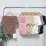 Real Shot A Word Shoulder Short Sleeve Pressure Folded T-Shirt Summer Slimming Pure Lust Folded Collarbone Short Blouse