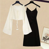 Women Summer Dresses Sets Korean Casual Straps Vest Black Dresses And Flare Sleeve Sunscreen Two Pieces Set