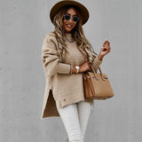 Fongt Autumn And Winter Half-High Collar Loose Solid Color Long-Sleeved Thick Needle Side Fork Knitting Sweater Woman