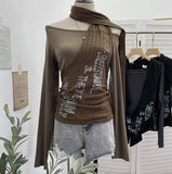 Fongt Hottie Side Hanging Neck Scarf Print Knitted Top Design Embody T-Shirt 2786