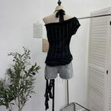 Fongt Shooting Lace Splicing Collar Hanging Neck-Sleet T-Shirt Woman Xia Repair Short Irregular Drifting Clothes 9580