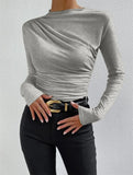 Fongt Solid Color Trim Bottom Shirt Folding Design Long-Sleeved T-Shirt Lady