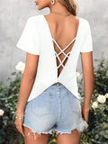 Fongt And Summer New Loose V-Neck Back Hollow Cross-With Short-Sleeved T-Shirt