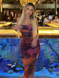Women's Printed Spaghetti Maxi Dress Sexy Backless Strap Cleavage Body-shaping Dresses Lace-up Robe Hipster Streetwear-Outfit