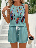 Fongt Summer New Feather Printed Casual Fashion Round-Neck Shorts Set For Women