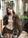 Fongt Hottie Wearing Brown Short Shoulder Jacket Women's Early Autumn High-Rise Skirts