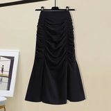 Women Summer French Vintage Two Pieces Set Korean Puff Sleeve Fake Two Piece Patchwork Tops And Draped Bodycon Mermaid Skirt