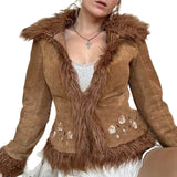 Fongt Retro Millard Hair Collar Flower Embroidery Short Warm Coat Thairy Blouse