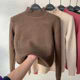 Casual Half Turtleneck Plush Velvet Lined Thicken Knitted Pullover Women Winter Warm Knitwear Jumper Soft Malhas