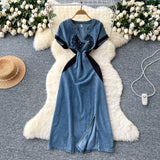 Fongt Elegant Denim Dress Woman 2025 Summer High-End Heavy Industry Diamond Embroidery Waist V-Neck Short-Sleeved Long Dress