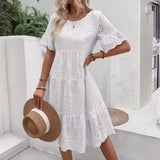 Fongt Fashion New Wish Hot Sale Solid Cotton Embroidery Lace Hollow Dress