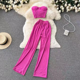 Fongt Strapless Short Top High Waist Casual Loose Wide Leg Pants-Outfit