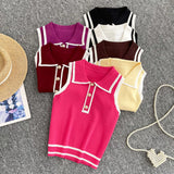 Fongt Style Striped Knitted Sleeveless Vest Women's Summer Collar Slimming Design Chic Beautiful Little Man Top