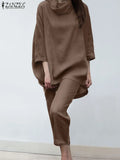 2pcs Women Trouser Suits Spring Fashion Solid Urban Tracksuit Matching Sets Trutleneck 3/4 Sleeve Blouse Harem Pants