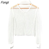 Sparkly Rhinestone T-Shirt for Women Fishnet Mesh See-through Black Shirts Female Sexy Backless Long Sleeve Rave Tee