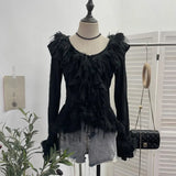 Fongt Shooting Waste Soil Wind Irregular Wood Ear Trumin Knitting To Make Old Hole Splicing Hairy Blouse Hottie Cardigan 2987
