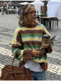Fongt 2025 Women's Comfortable Casual Colored Round-Neck Striped Sweater Knit