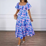 Fongt New Temperament Collar Print Pony Dress Bubble Sleeve Dress Woman