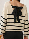 Fongt And Winter New Striped Hit-Colored Sweater Women Loose Bow Tie With Knitted Jacket