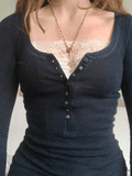 Lace Buttoned Long Sleeve Tee-Outfit