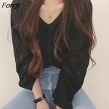 Women Solid Color Minimalist Long Sleeve Fairy Elegant V-neck Knitting Thin Breathable Soft Casual Basic Sun-proof