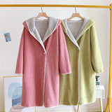 Lamb Wool Thick Warm Autumn Winter New Hooded Mid-Length Bathrobe Single Button Dressing Gown