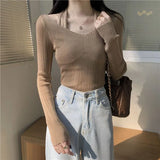 Fongt Up Spring And Autumn New Chic Sexy Chest Thin Hanging Neck Two Long-Sleeved Knitted Jersey Jersey Elastic