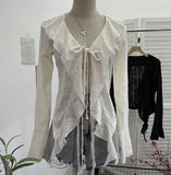 Fongt Wind To Make Old Hole Horn Long Sleeve Open Shirt Tie With Lotus Leaf Side V Collar Sunscreen Shirt 9280