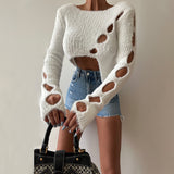 Sweater Women's Autumn New Style Millennial Hot Girl Pure Desire Short Irregular Hollow Knitted Sweater Loophole Top-Outfit