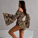 Fongt New Women's Shoulder Horn Long-Sleeved Leopard Print Short Coat Short Two Sets