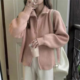 Fongt Zipper Autumn Winter Collar Solid Color Lazy Wind Wear Sweater Coat Jacket Korean Version Soft Waxy Women-Outfit