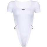 Women Summer Bodysuit, Round Neck Short Sleeve Chains Decorative High Waist Rompers for Girls,