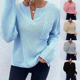 Fongt Fashion Women's Top Knit Jumper Long Sleeve V-Neck Pocket Solid Color Sweater Women's