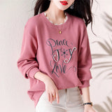 Letter Embroidery Sweatshirts Beading Spring Autumn Korean Loose Women's Clothing Casual O-Neck Basic Commute Pullovers-Outfit