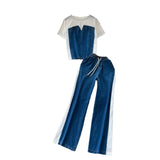 Fongt Hong Kong-Flavored Suit Female Design Sense Short-Sleeved T-Shirt Spliced Denim Jacket + High-Waisted Casual Straight Pants Two-Sleeve