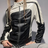Color Block Zipper Faux Leather Moto Jacket-Outfit