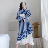 Clothing Striped Spliced Dresses Stylish Asymmetrical Fake Two Pieces Spring Autumn Polo-Neck Single-breasted Midi Dress-Outfit