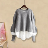 Solid Color Patchwork Knitted Jumpers Female Clothing Korean Loose Spring Autumn Casual All-match Long Sleeve Sweaters-Outfit
