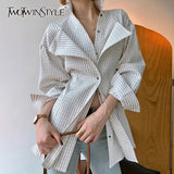 TWOTWINSTYLE Korean Patchwork Ruffle Shirt For Women Lapel Long Sleeve Striped Casual Fake Two Shirts Female Fashion New