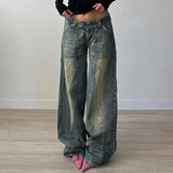 To Make Old Irregular Split Line Pocket Jeans Low-Waisted Spicy Girls Loose Casual Wide-Legged Pants-Outfit