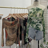 Fongt Graffiti-Printed Shoulder-Threin Mesh Long-Sleeved Blouse Side Drawstring Tethered With Slime T-Shirt 8959