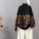 Half High Collar Vintage Jacquard Sweaters Autumn Winter Casual Chic Long Sleeve Loose Knitted Jumpers Female Clothing-Outfit