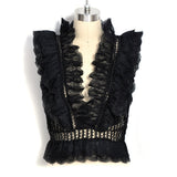Lace Tanks Tops Openwork V-Neck Backless Sleeveless short Tanks Summer Black Lace Banquet Elegant Female Party Tops