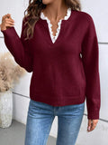 Fongt 2025 New Fashion Lace V-Neck Sweater Solid Color Loose Long-Sleeved Knitwear Shirt