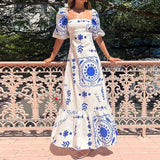 Fongt Women's Temperament Elegant Fashion Printing Lantern Short Sleeve A-Word Dress