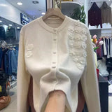Fongt Flower Embroidery Design Blouse With Ocean Knitted Cardigan Long-Sleeved Temperament Minus Age Casual Sweater Woman