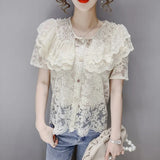Embroidery Lace Chiffon Blouse Women 2023 Fashion Beading Shirt Tops Ruffles Korean Floral Peter Pan Collar Clothes