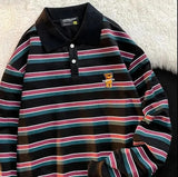 High Quality England Style Cartoon Avocado Green Striped POLO Collar Sweatshirt Oversized Long Sleeve Tops Clothes for
