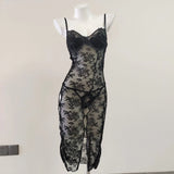 Fongt New Female Sense Lace Perspective Open Fork Folded Sling Skirt Elegant Pajart Mesh Hot Bag Hip Skirt